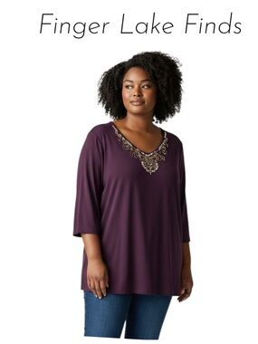 Susan Graver Artisan Beaded V-Neck Tunic in Plum with Metallic Accents